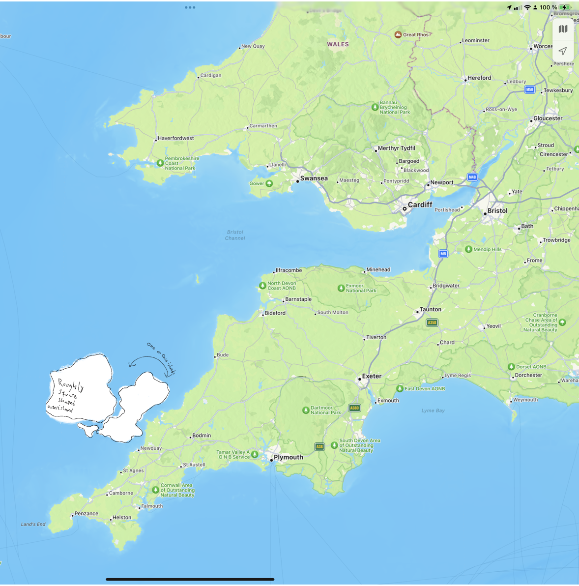 Apple maps screenshot of Cornwall with my hand drawn island added just off the coast just a bit north of Newquay